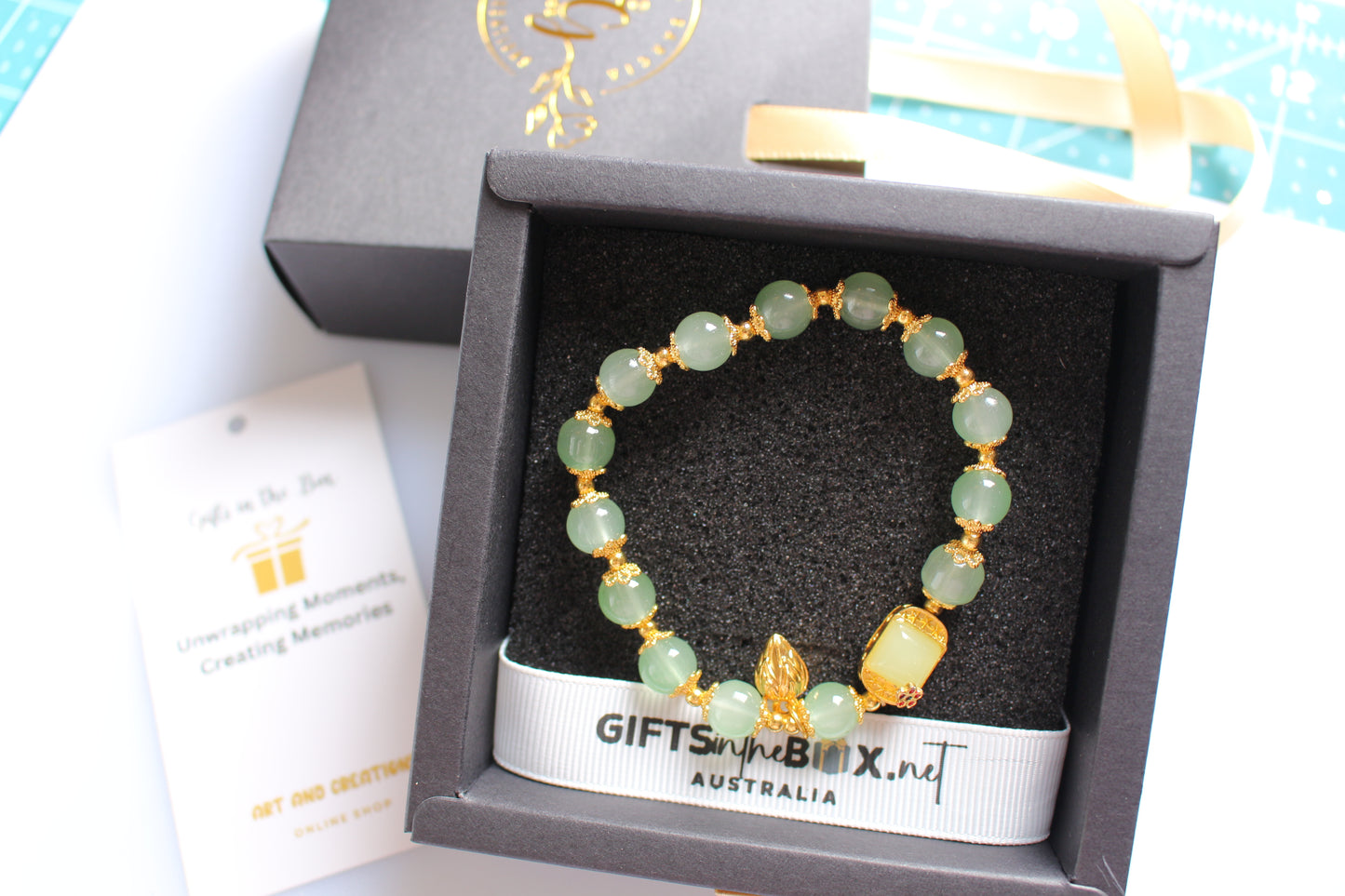 Green Faux Jade Beaded Bracelet With Lotus Charm