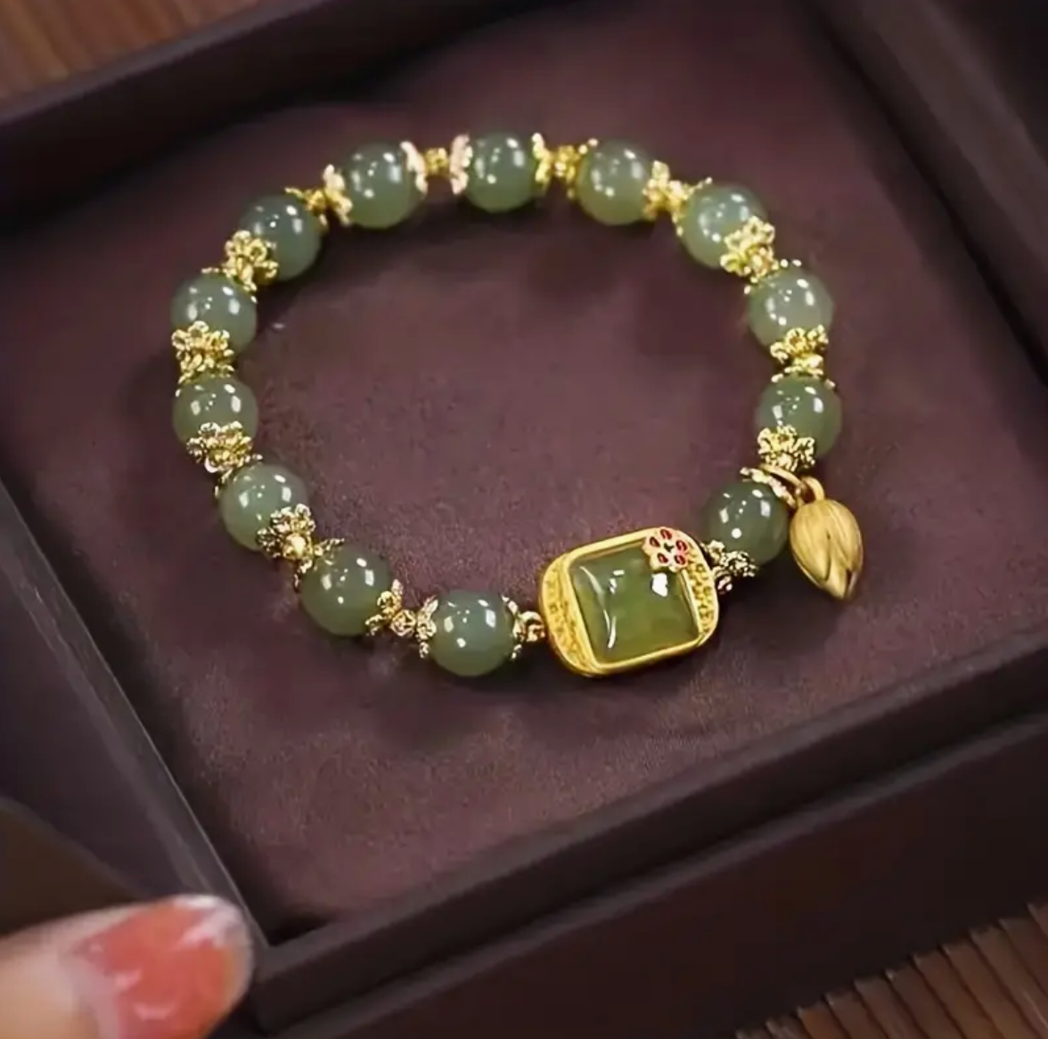 Green Faux Jade Beaded Bracelet With Lotus Charm