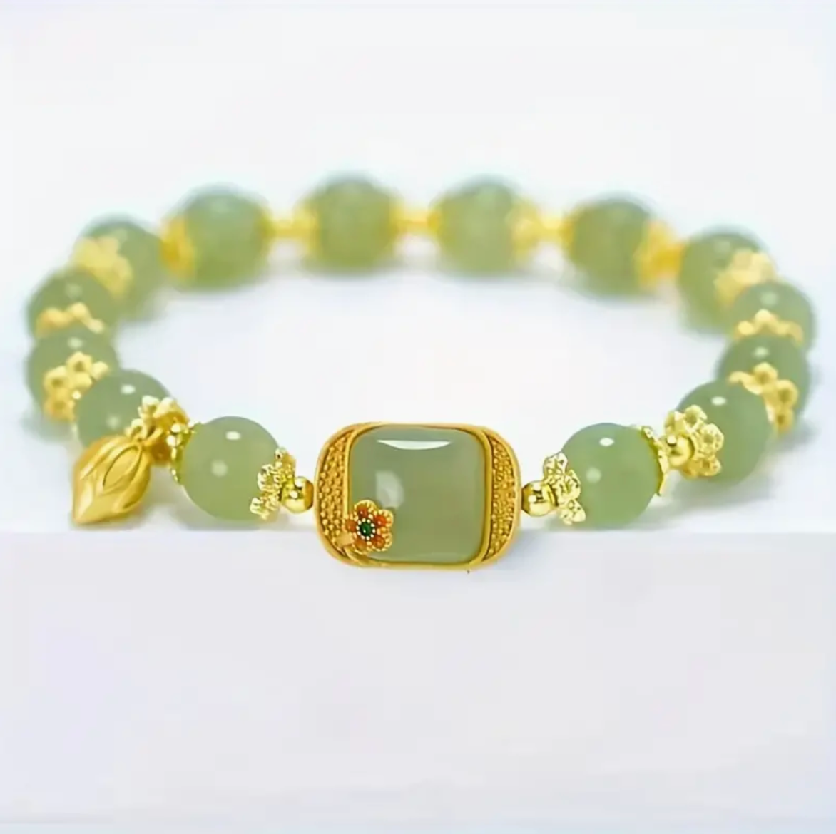 Green Faux Jade Beaded Bracelet With Lotus Charm