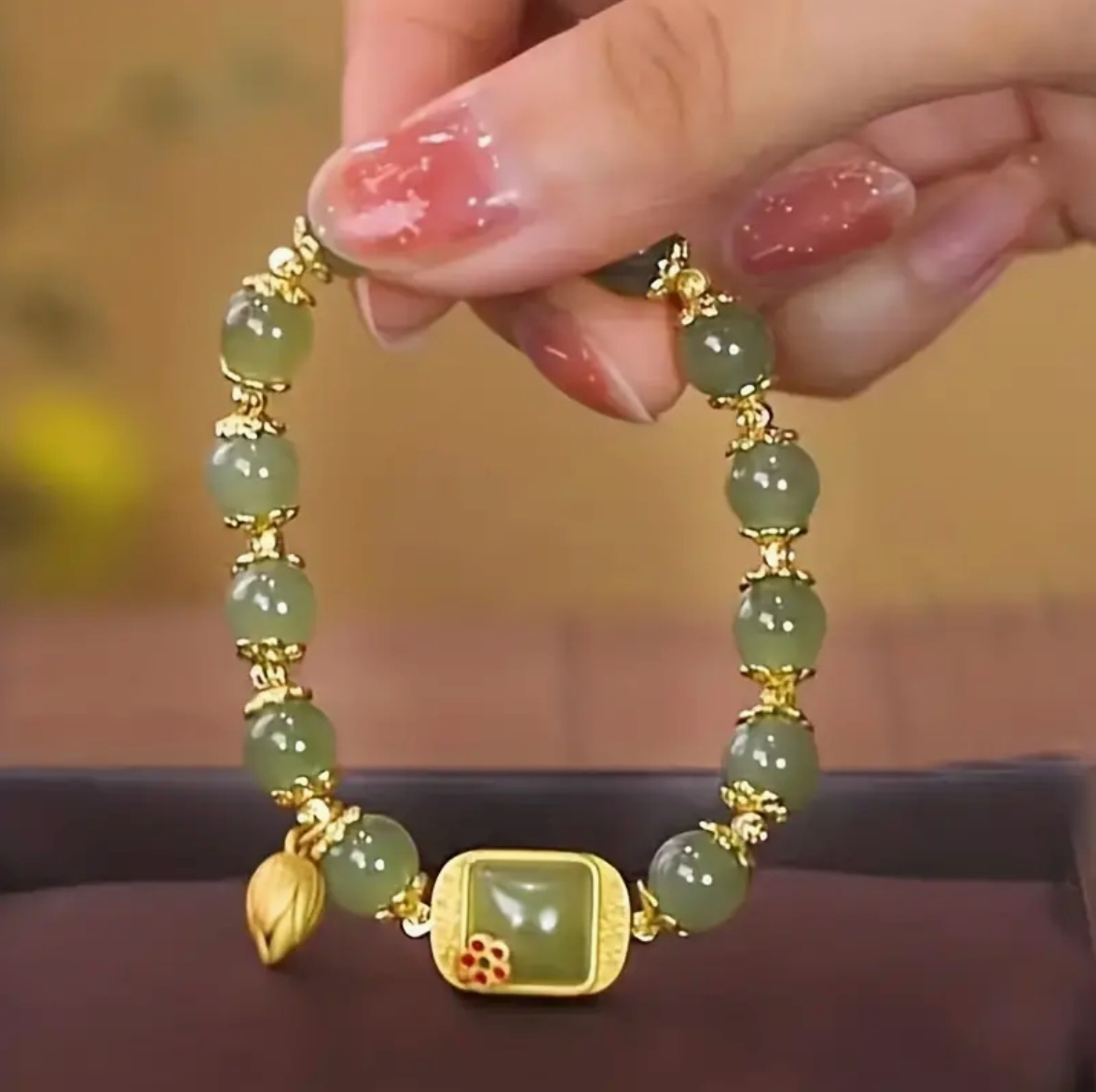 Green Faux Jade Beaded Bracelet With Lotus Charm