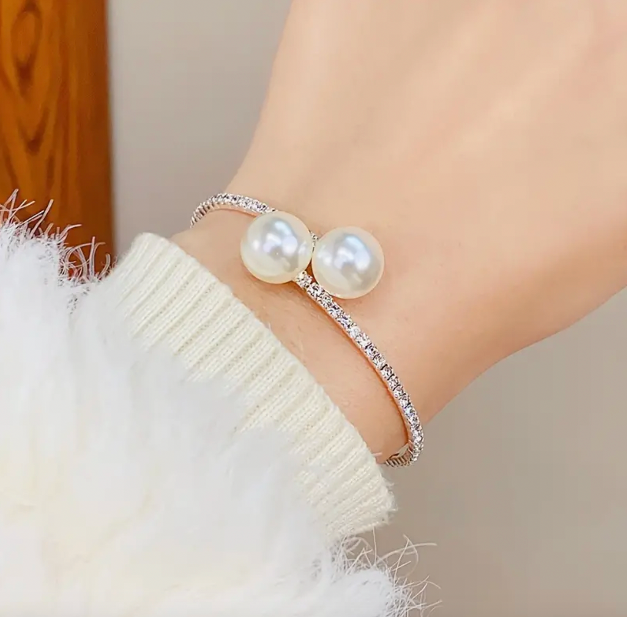 Imitation Pearl and Rhinestones Design Cuff Bracelet