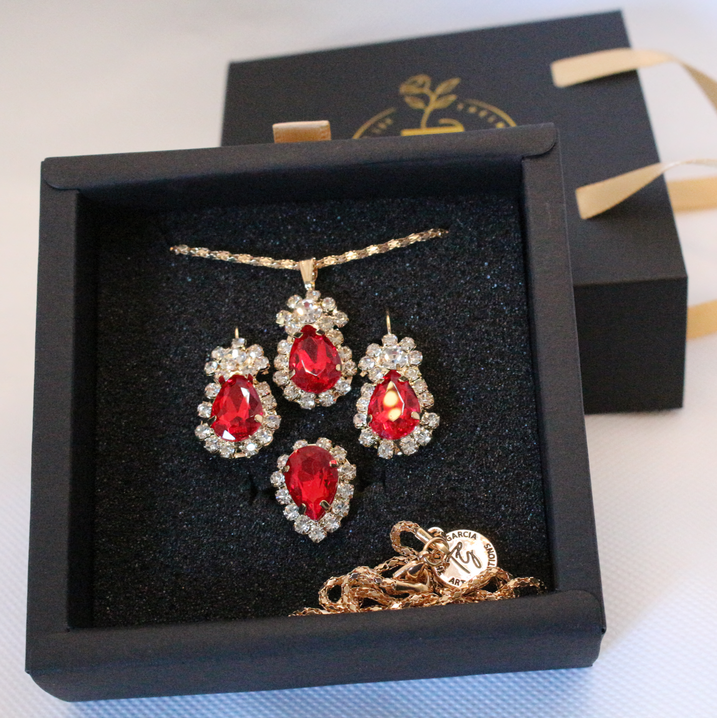 Hand Crafted Gift Box with Red Rhinestones Jewelry Set