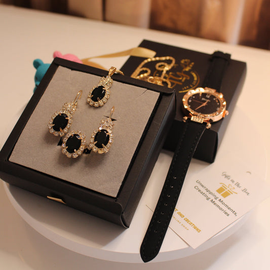 Black Rhinestones Fashion Jewelry Watch Set