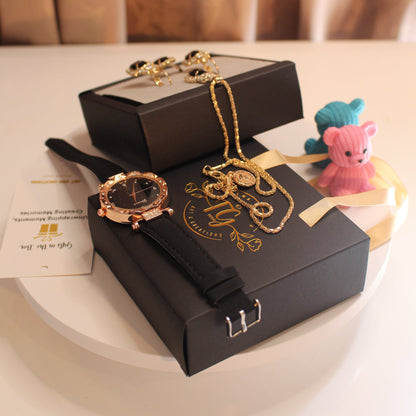 Black Rhinestones Fashion Jewelry Watch Set
