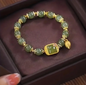 Green Faux Jade Beaded Bracelet With Lotus Charm