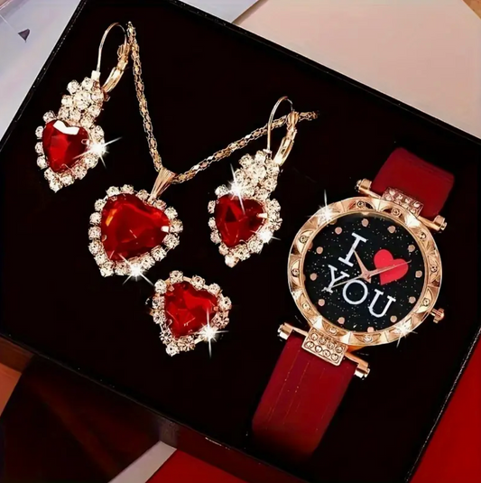 Luxury Rhinestone Analog Wrist Watch Jewelry Set