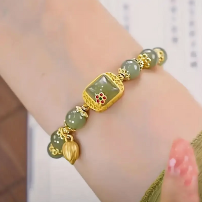 Green Faux Jade Beaded Bracelet With Lotus Charm