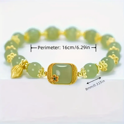 Green Faux Jade Beaded Bracelet With Lotus Charm